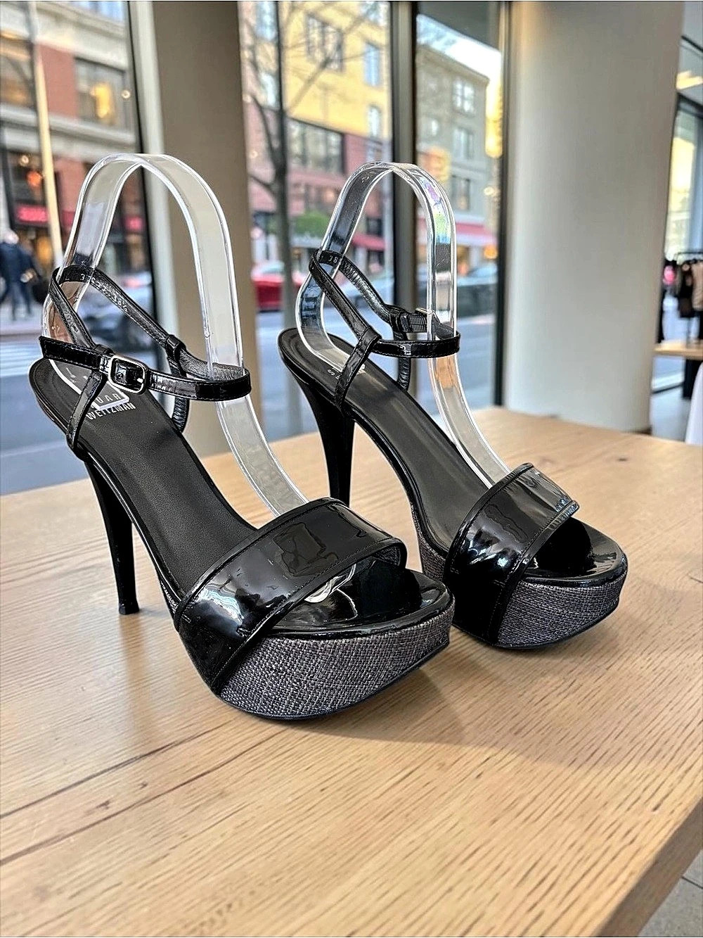 Stuart Weitzman Black Patent Discoplatform Sandals Heels EU 38.5 US 8